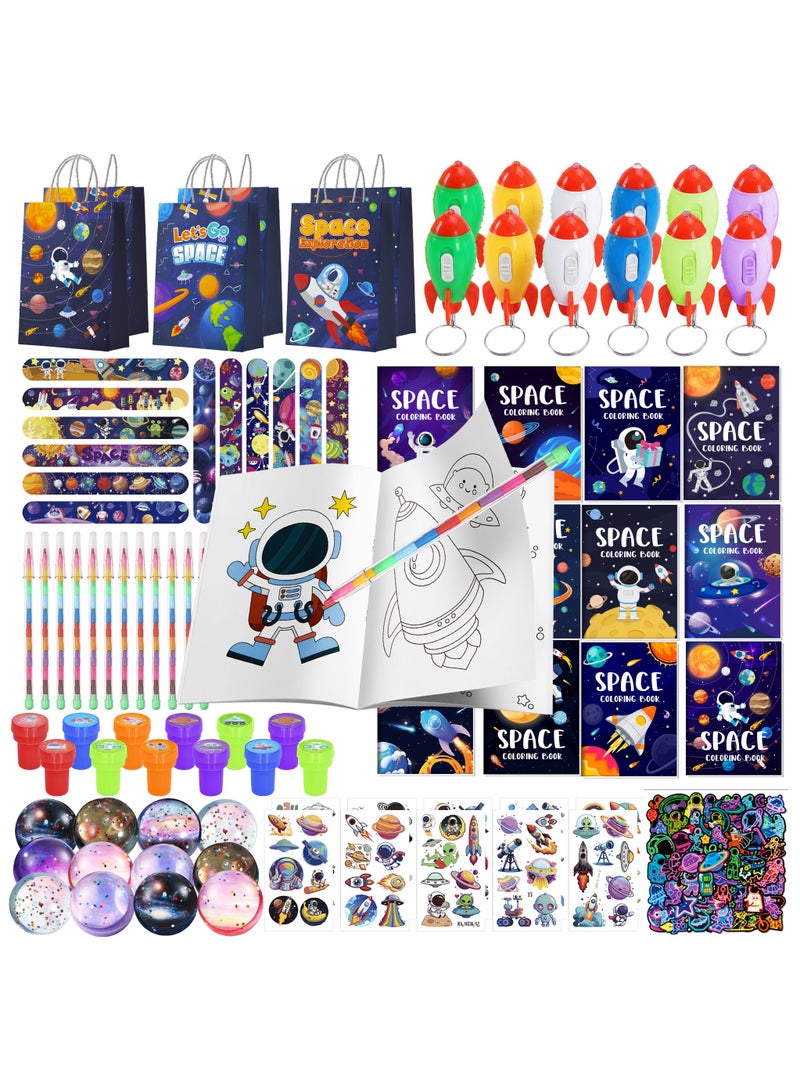 FRUITFUL PARTY Space Party Favors for 12 Guests, 146pcs Space Birthday Party Favor Set with Gift Bags Slap Bracelets Stickers Keychains Coloring Books & Toys – Outer Space Party Decoration Supplies - Image 1